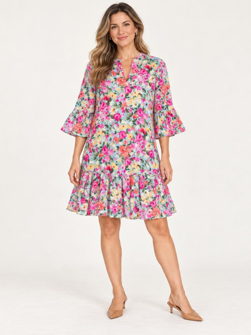 NWT Dear Scarlett Floral Tiered Dress Large Aqua Pink Bell Sleeve Stretch